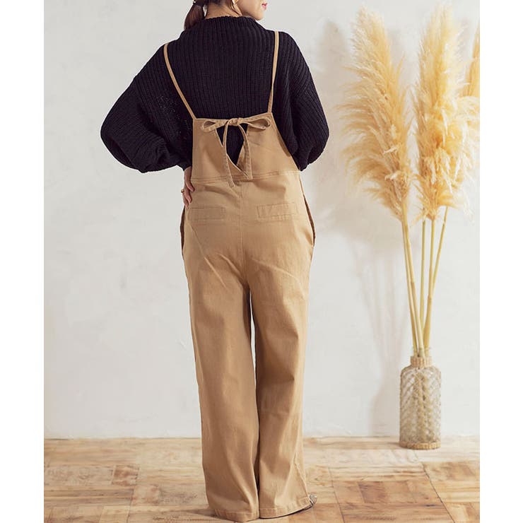 The Barnnetベージュサロペット パンツ 小さいサイズ へリンボンサロペットワイドパンツ 低身長さん