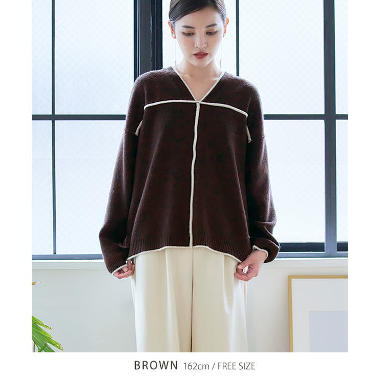 配色パイピングＶネックニット トップス ニット | Growing Rich | 詳細画像11 