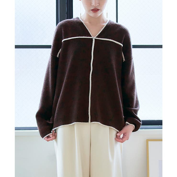 ブラウン | 配色パイピングＶネックニット トップス ニット | Growing Rich