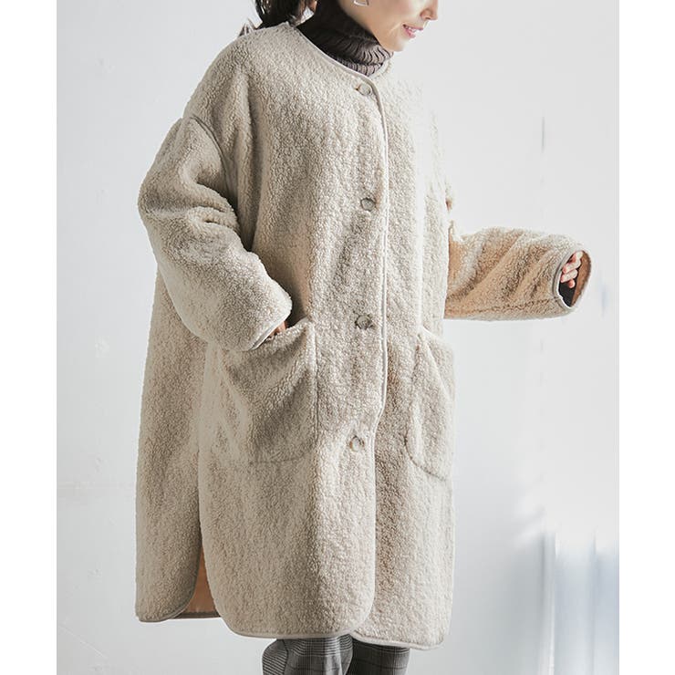 ライトベージュ | ノーカラーパイピングボアコート アウター ノーカラー | Growing Rich