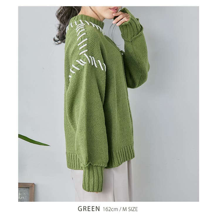 LB25SS-KNTE03 ハンドステッチクラッシュドサマーニット GREEN 配色ハンドステッチニット レディース 配色[品番：GW000004199