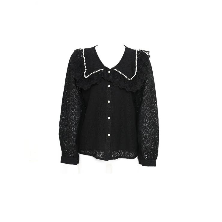 ブラック | パール付きビッグカラー総レースブラウス レース トップス | Growing Rich