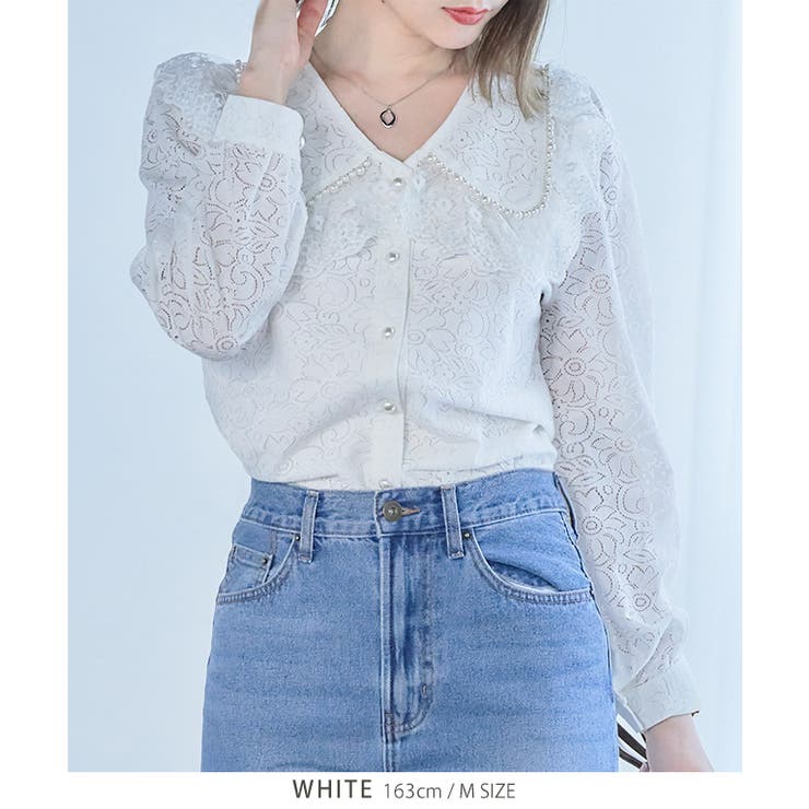 パール付きビッグカラー総レースブラウス レース トップス | Growing Rich | 詳細画像6 