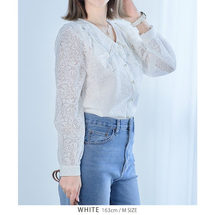 パール付きビッグカラー総レースブラウス レース トップス | Growing Rich | 詳細画像8 