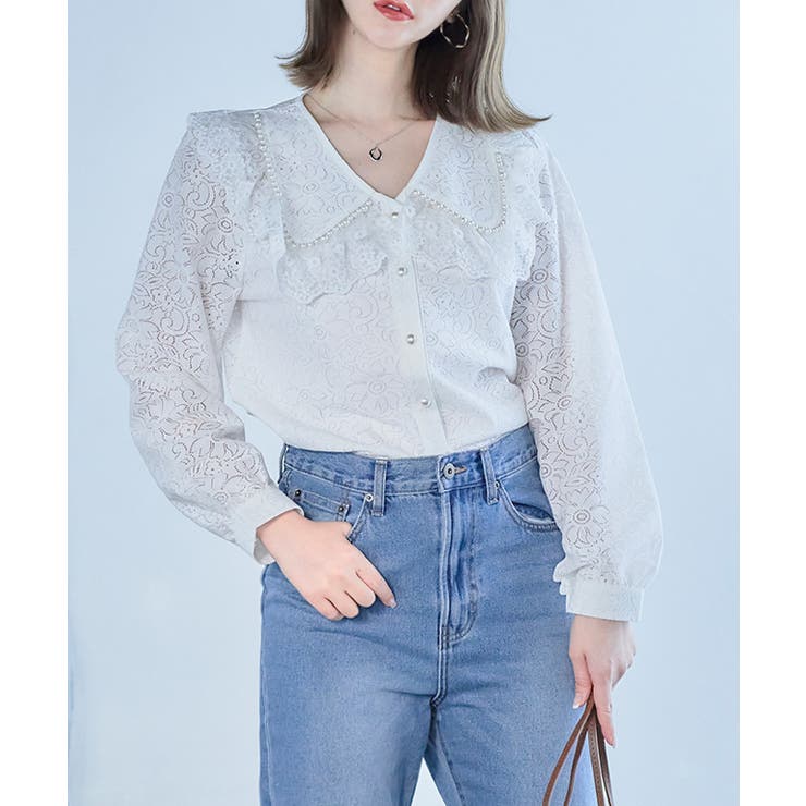 パール付きビッグカラー総レースブラウス レース トップス | Growing Rich | 詳細画像9 