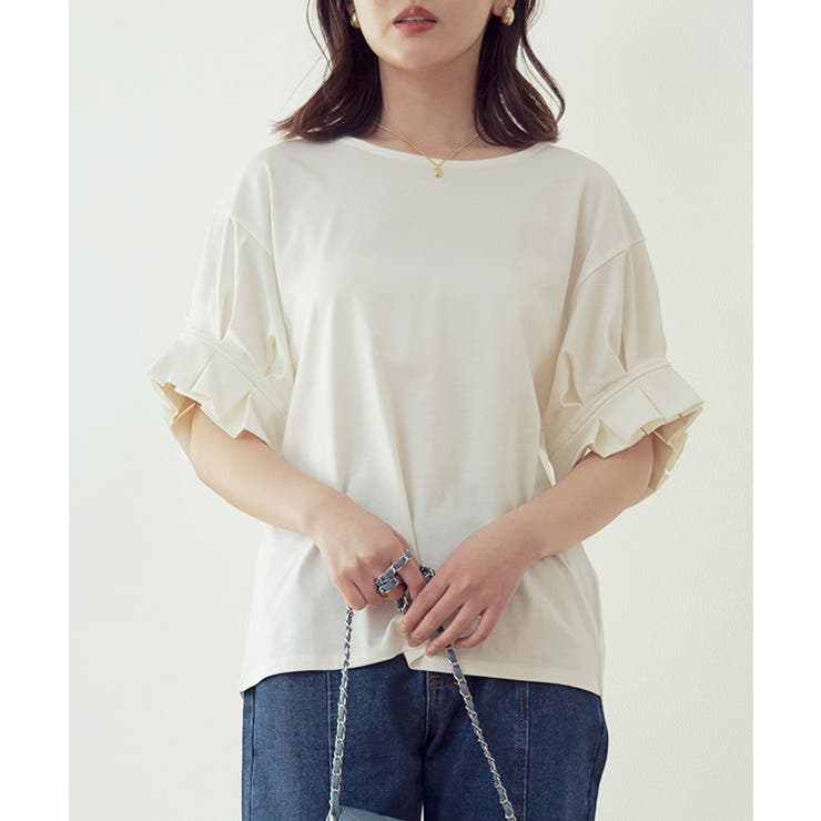 オフホワイト | 袖タックフリルＴシャツ tシャツ レディース | Growing Rich