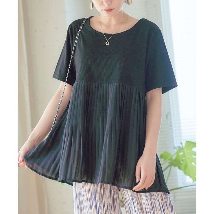 ブラック | 切替シフォンプリーツブラウス レディース シャツ | Growing Rich