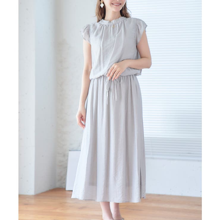 グレー | ウエストシェイプフリル袖ワンピース ワンピース ロング | Growing Rich