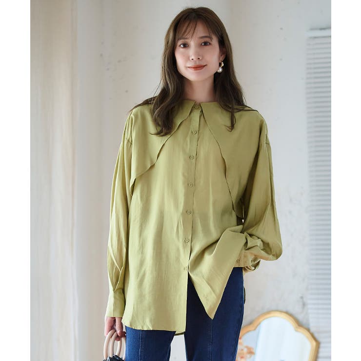 オリーブ | ケープカラーラッフルデザインシャツ トップス ブラウス | Growing Rich