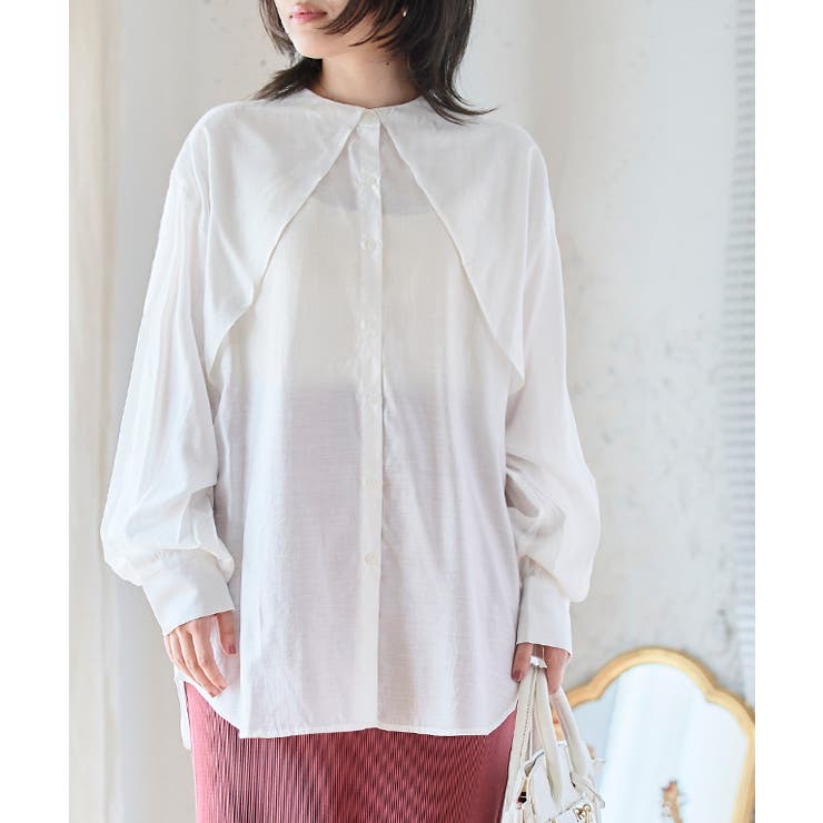オフホワイト | ケープカラーラッフルデザインシャツ トップス ブラウス | Growing Rich