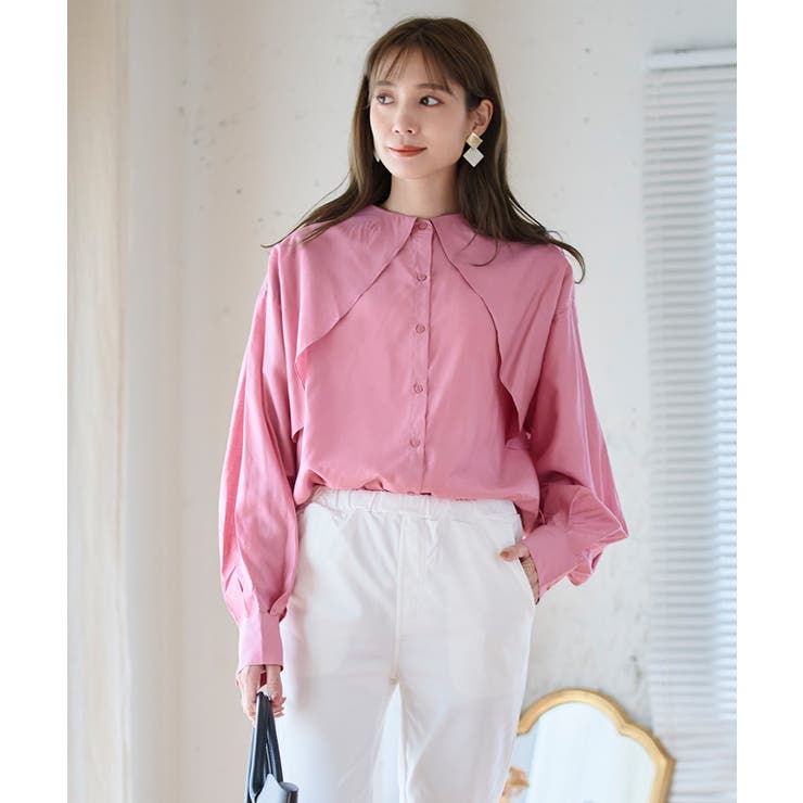 ピンク | ケープカラーラッフルデザインシャツ トップス ブラウス | Growing Rich