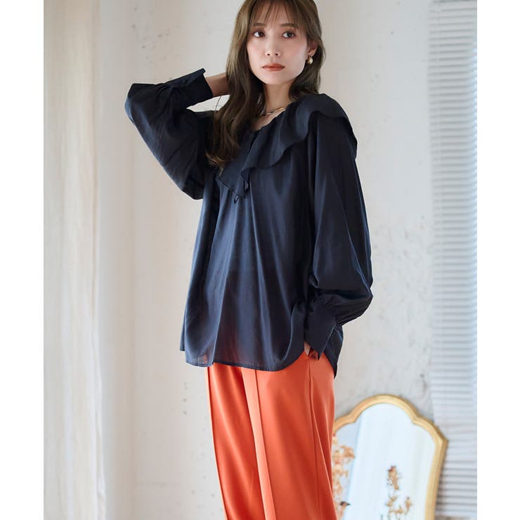 ブラック | フリル襟ブラウス トップス ブラウス | Growing Rich