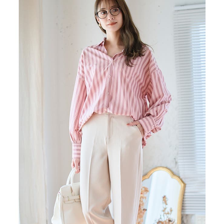 ピンク | マルチストライプオーバーシャツ トップス シャツ | Growing Rich