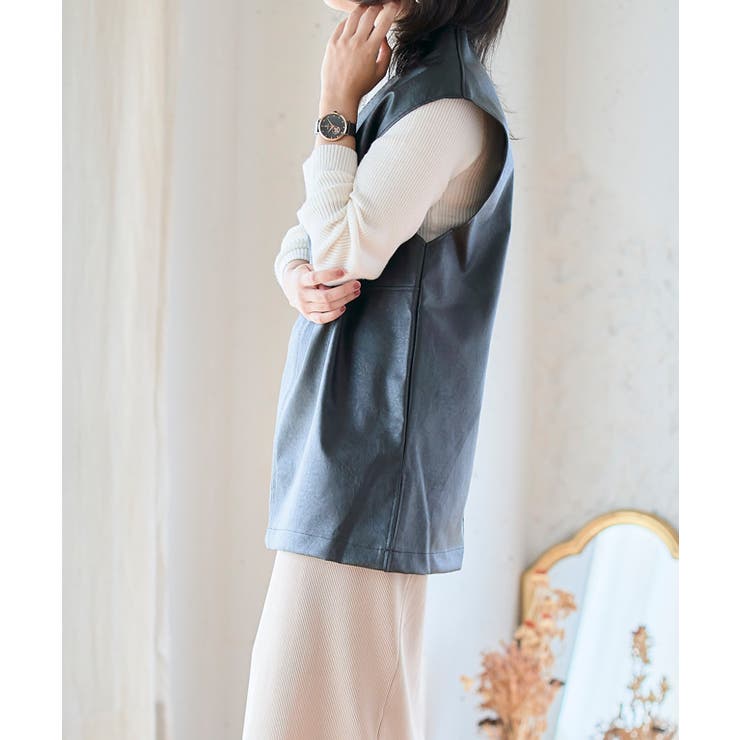 Vネックフェイクレザーベスト トップス ベスト | Growing Rich | 詳細画像12 