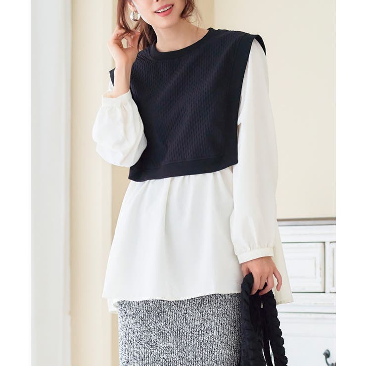 オフホワイト | 異素材ドッキングチュニック チュニック ベスト | Growing Rich