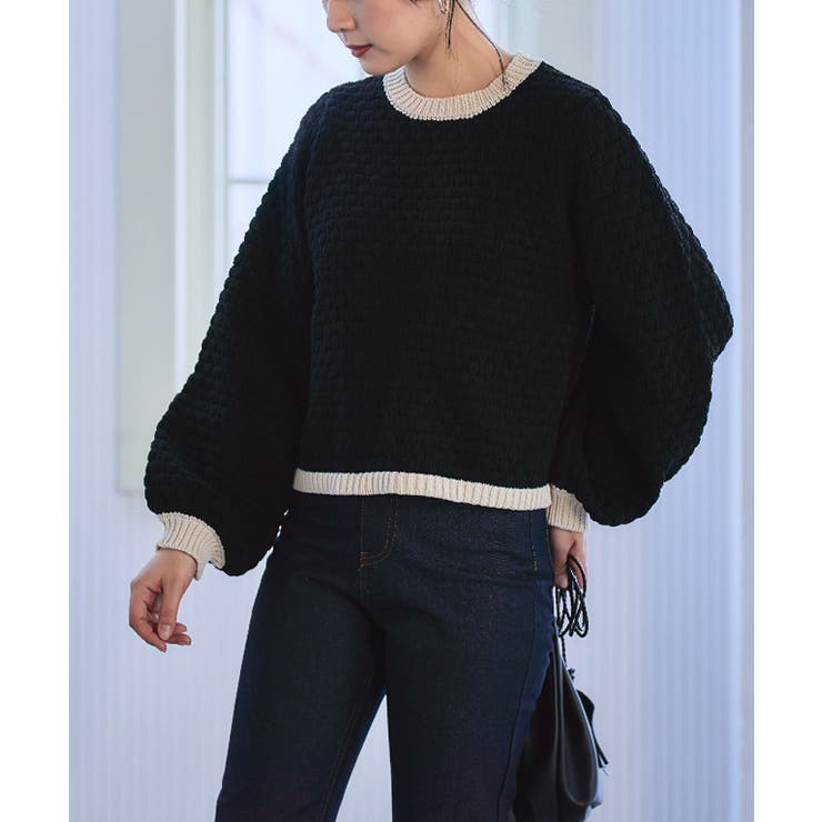 ブラックアイボリー | 配色ポップコーン編みニット ニット レディース | Growing Rich