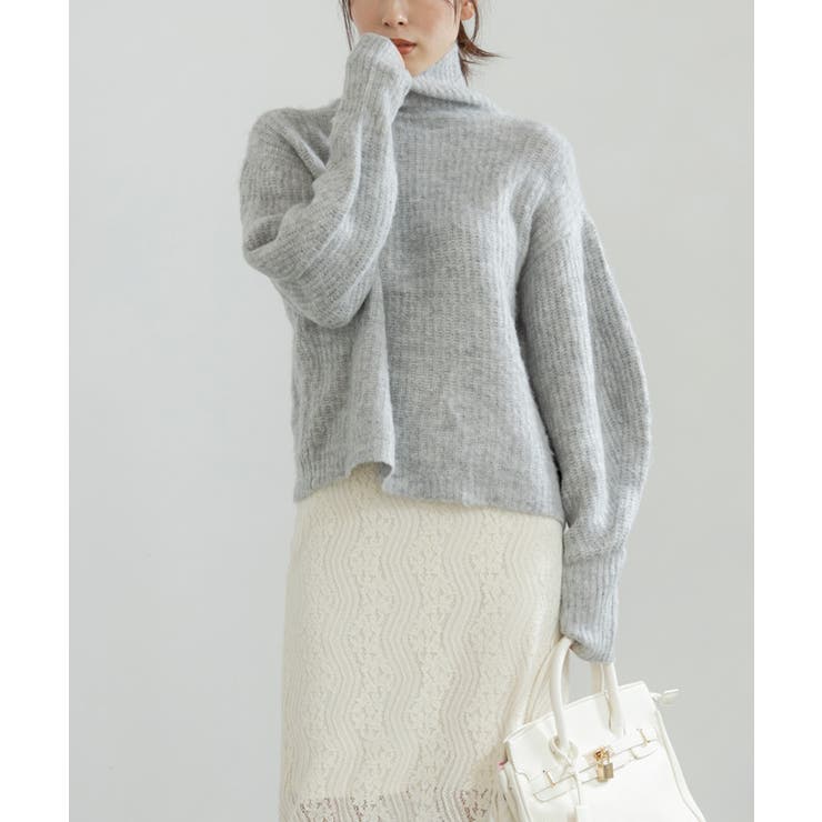 杢グレー | ランタンスリーブハイネックニット ニット レディース | Growing Rich
