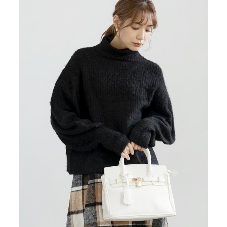 ブラック | ランタンスリーブハイネックニット ニット レディース | Growing Rich