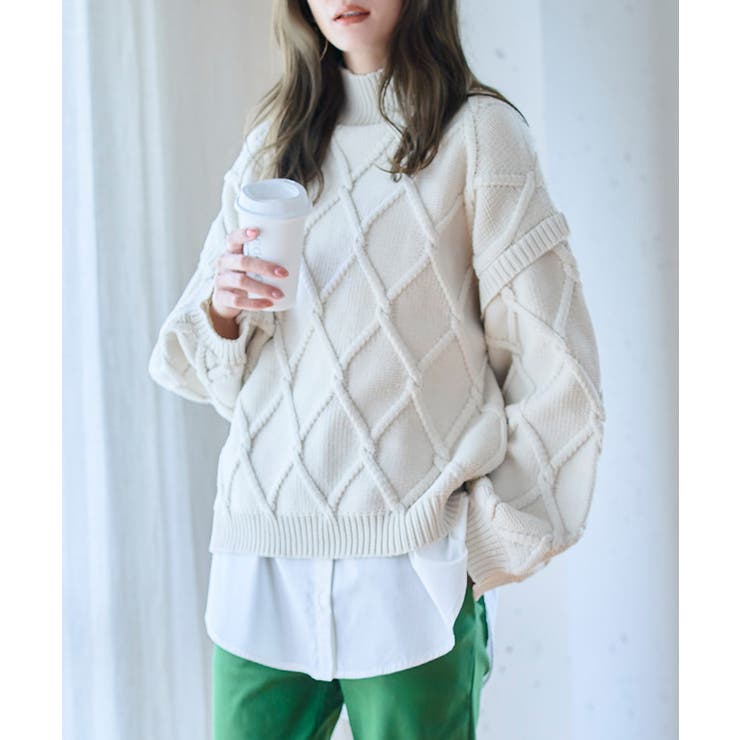 ダイヤ総柄ケーブル模様ニット ニット レディース[品番：GW000004440