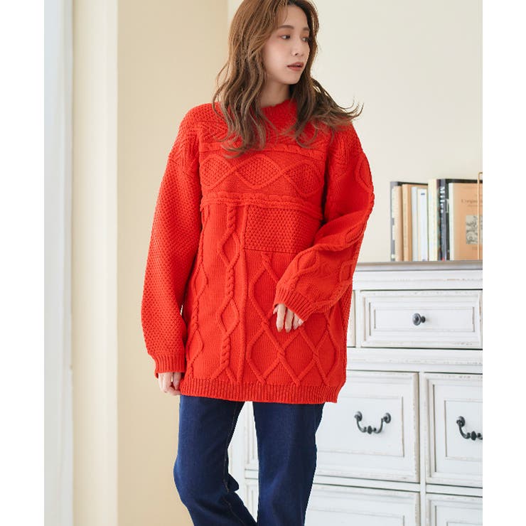 オレンジ | 編み地切替ケーブルニット ニット レディース | Growing Rich
