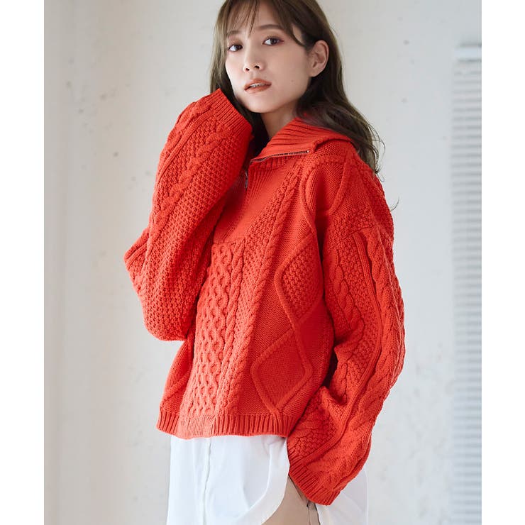 編み地切替ハーフジップケーブルニット ニット レディース | Growing Rich | 詳細画像4 