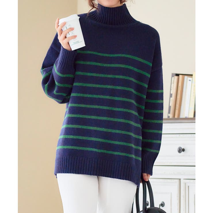 ネイビー | ボーダーハイネックオーバーニット ニット レディース | Growing Rich