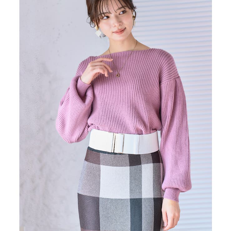 くすみピンク | ボートネックボリューム袖ニット ニット レディース | Growing Rich