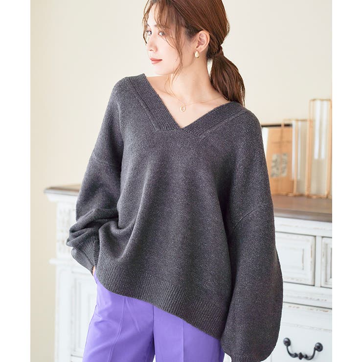 チャコール | 深Vネック天竺ニット ニット レディース | Growing Rich