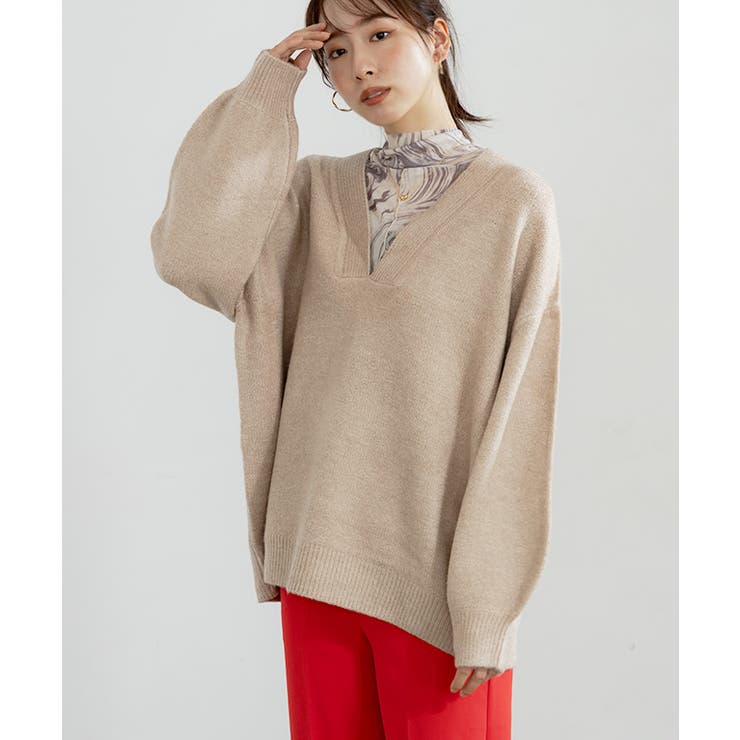 ベージュ | 深Vネック天竺ニット ニット レディース | Growing Rich