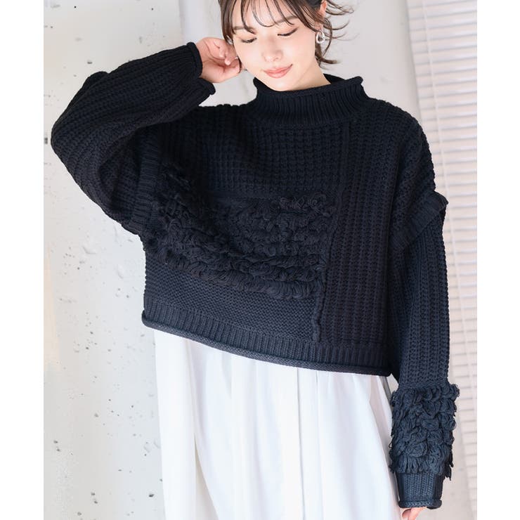 ブラック | 編み地切替ハイネックニット ニット レディース | Growing Rich