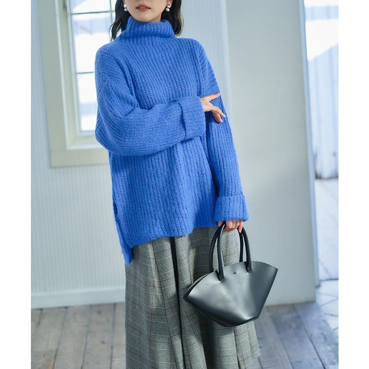 ブルー | シャギーハイネックチュニック ニット レディース | Growing Rich