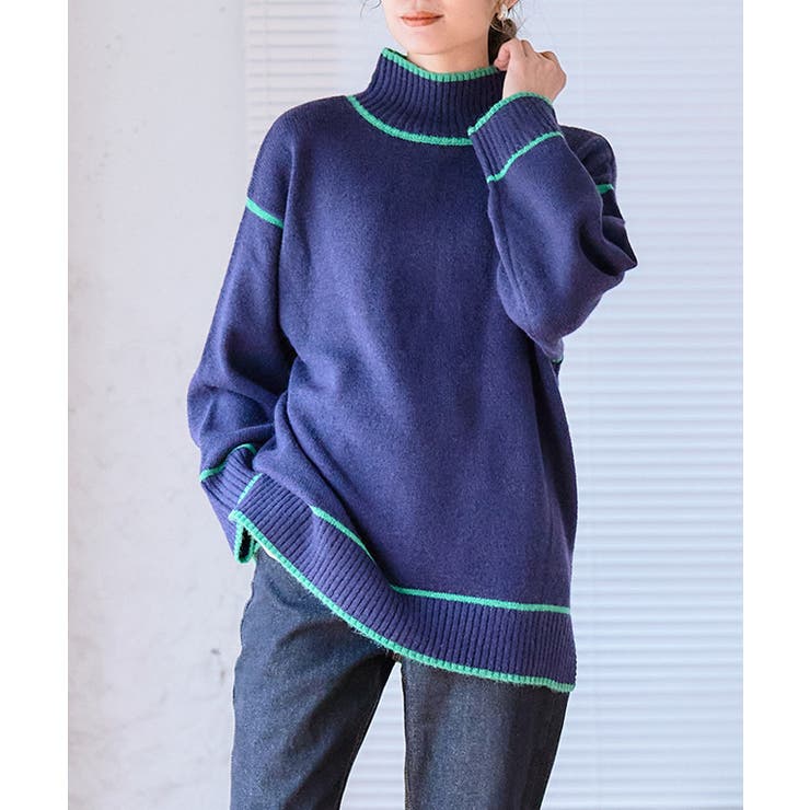 ネイビー | 配色パイピングハイネックニット ニット レディース | Growing Rich