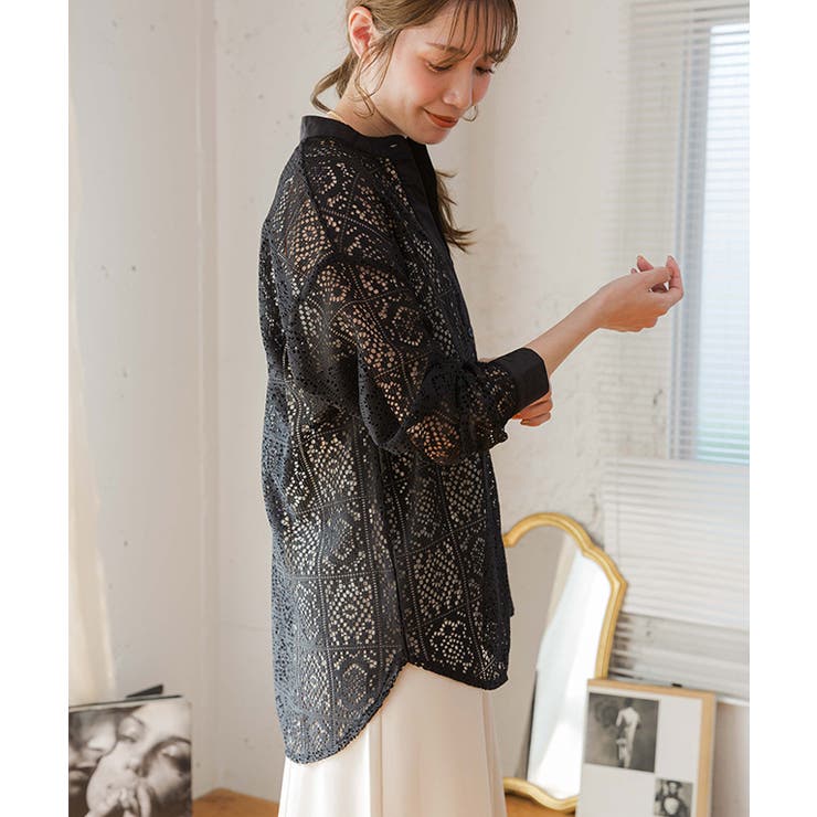 バンドカラーレースシャツ レース ブラウス | Growing Rich | 詳細画像4 