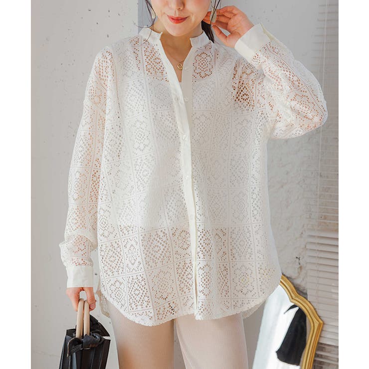 バンドカラーレースシャツ レース ブラウス | Growing Rich | 詳細画像8 