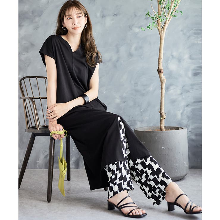 キーネックコットンワンピース 半袖 ロング[品番：GW000004522
