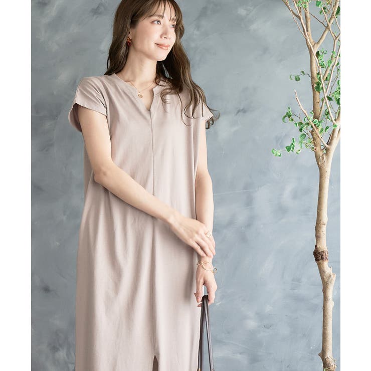 キーネックコットンワンピース 半袖 ロング[品番：GW000004522