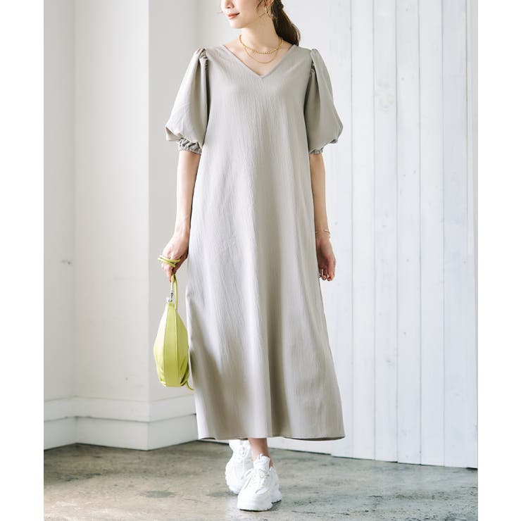 グレージュ | ボリューム袖クレープワンピース ワンピース 夏 | Growing Rich
