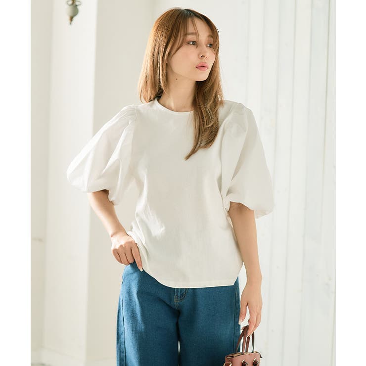 オフホワイト | 異素材切り替え ボリューム袖プルオーバー 二の腕カバー | Growing Rich