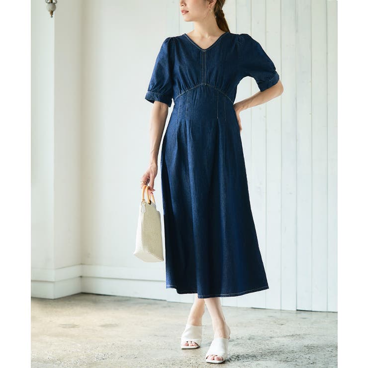 ネイビー | ボリューム袖デニムワンピース ワンピース 半袖 | Growing Rich