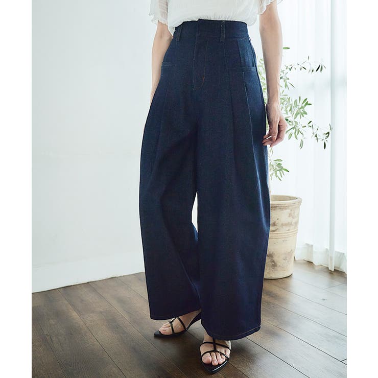 リジットデニムタックワイドパンツ タック入り デニム[品番 リジットデニムタックワイドパンツ タック入り デニム[品番