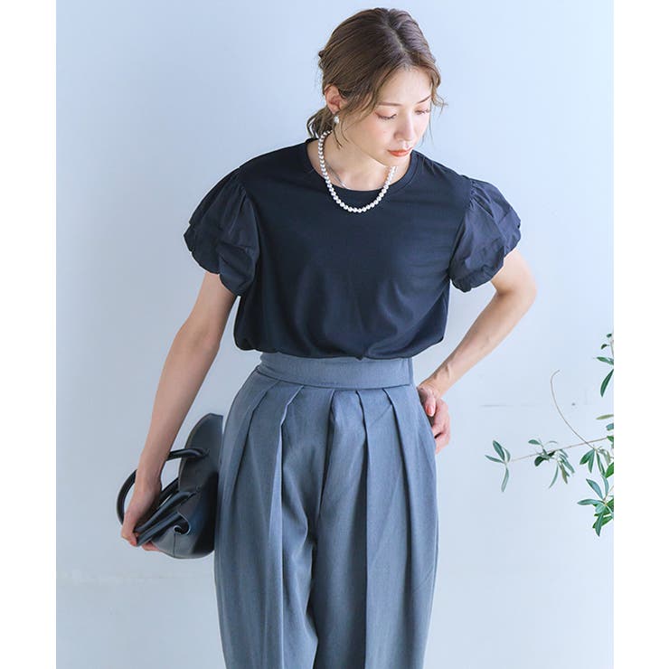 袖ボリュームトップス二の腕カバー半袖袖短めtシャツレディースおしゃれ大きいサイズ大きめ袖タックパフ袖ボリューム袖ぽわん袖大人可愛いカジュアルデザイントップスカットソー涼しい