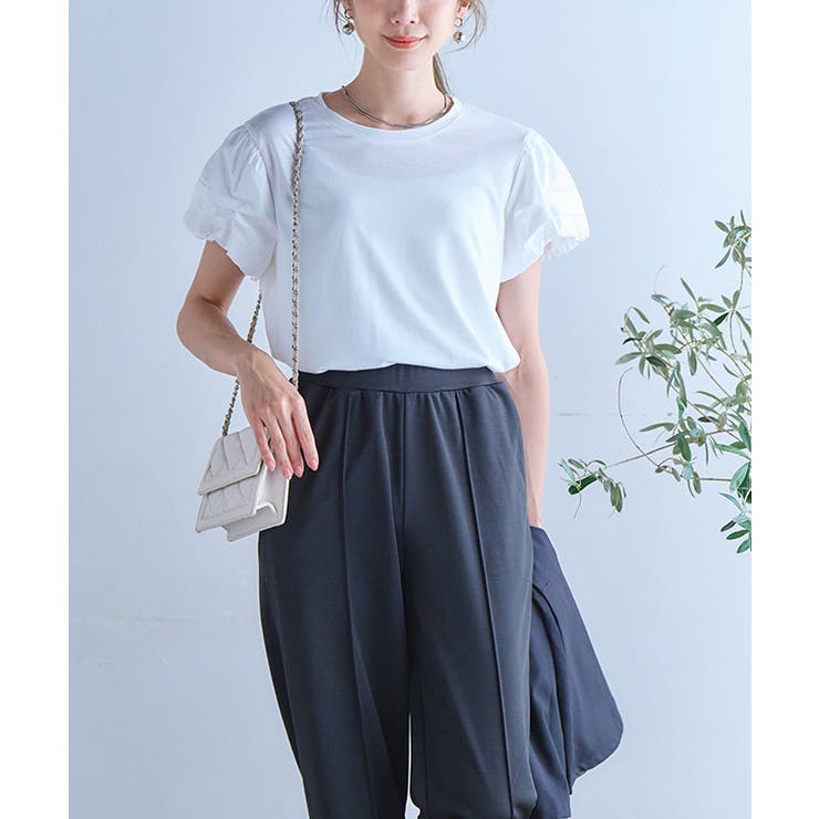 袖ボリュームトップス二の腕カバー半袖袖短めtシャツレディースおしゃれ大きいサイズ大きめ袖タックパフ袖ボリューム袖ぽわん袖大人可愛いカジュアルデザイントップスカットソー涼しい