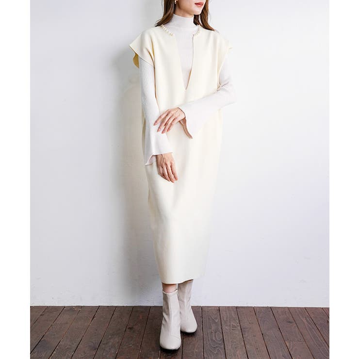 アイボリー | パール付きキーネックワンピース ワンピース 秋冬 | Growing Rich