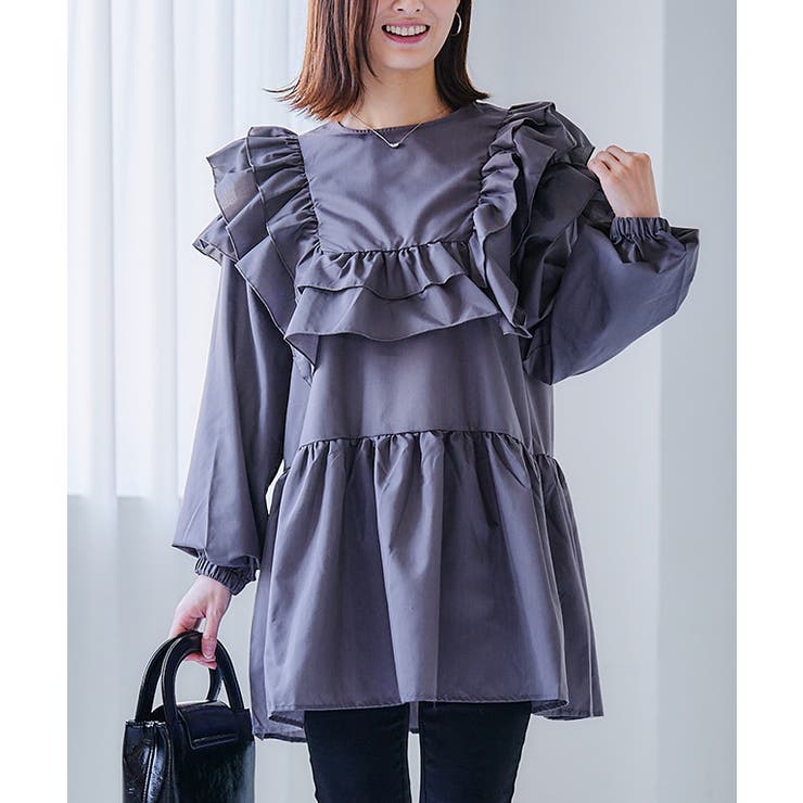 グレー | ティアードフリルブラウス ブラウス 長袖 | Growing Rich