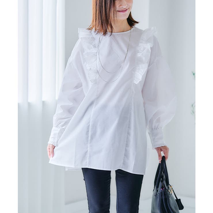 ホワイト | 前後2wayフリルブラウス ブラウス 長袖 | Growing Rich