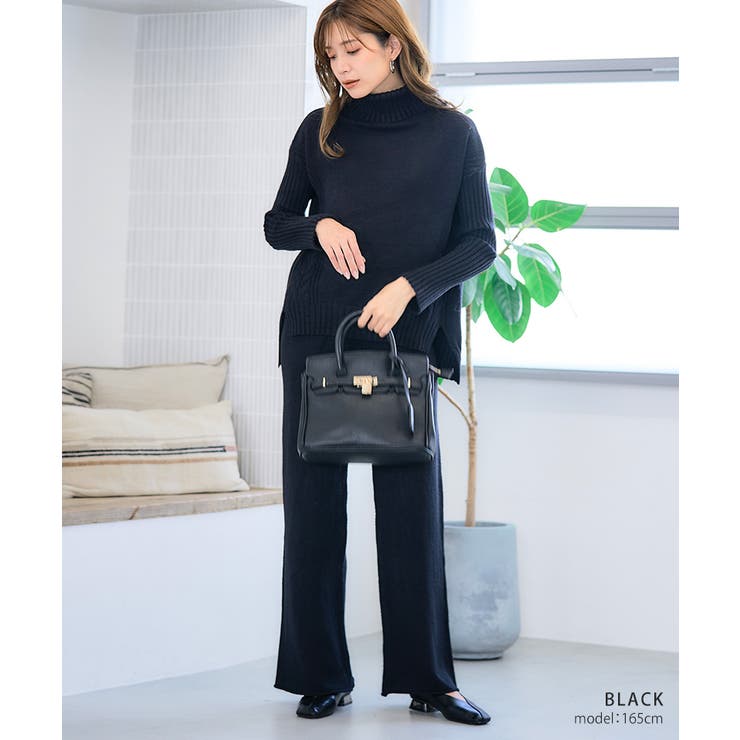 ブラック | サイドケーブル編みトップス＆パンツニットセットアップ セットアップ ニット | Growing Rich