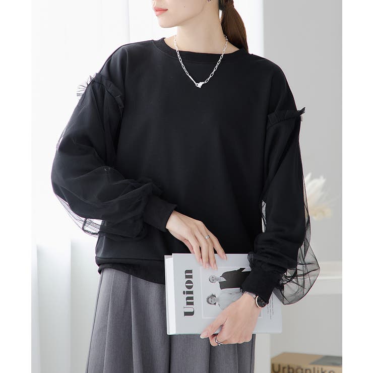 ブラック | チュール袖 プルオーバー 春 | Growing Rich