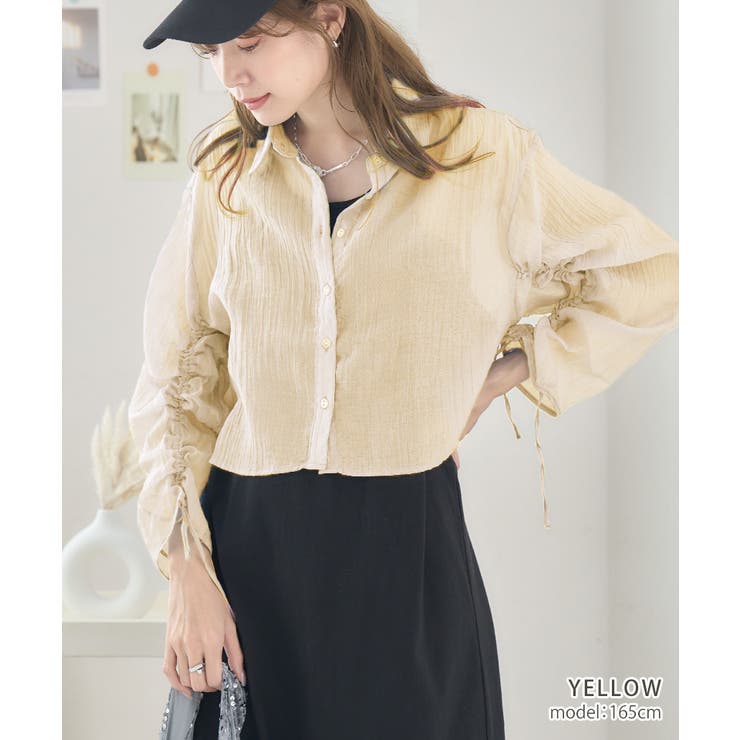 クロップド丈 袖シャーリング シア―シャツ[品番：GW000004707