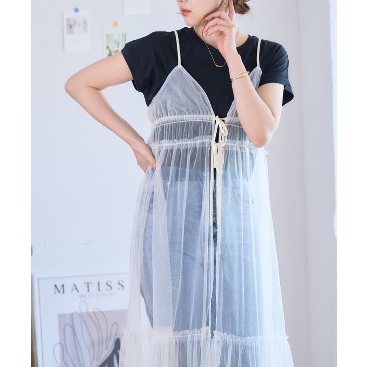 前後2wayチュールキャミワンピースレディースフロントリボンチュールキャミワンピースロングシアー透け感フリルレイヤード重ね着ギャザー大人可愛いカジュアルおしゃれ春夏秋冬服