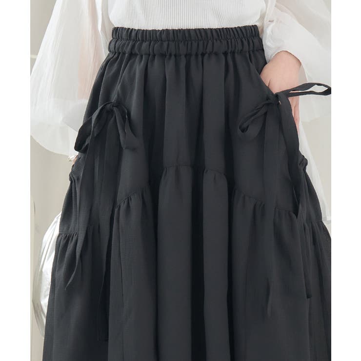 ギャザースカートロングシアースカートレディース夏リボンシアースカートワッシャー加工白黒ワッシャーりぼんギャザースカートロングスカート透けボリュームスカートウエストゴムおしゃれ